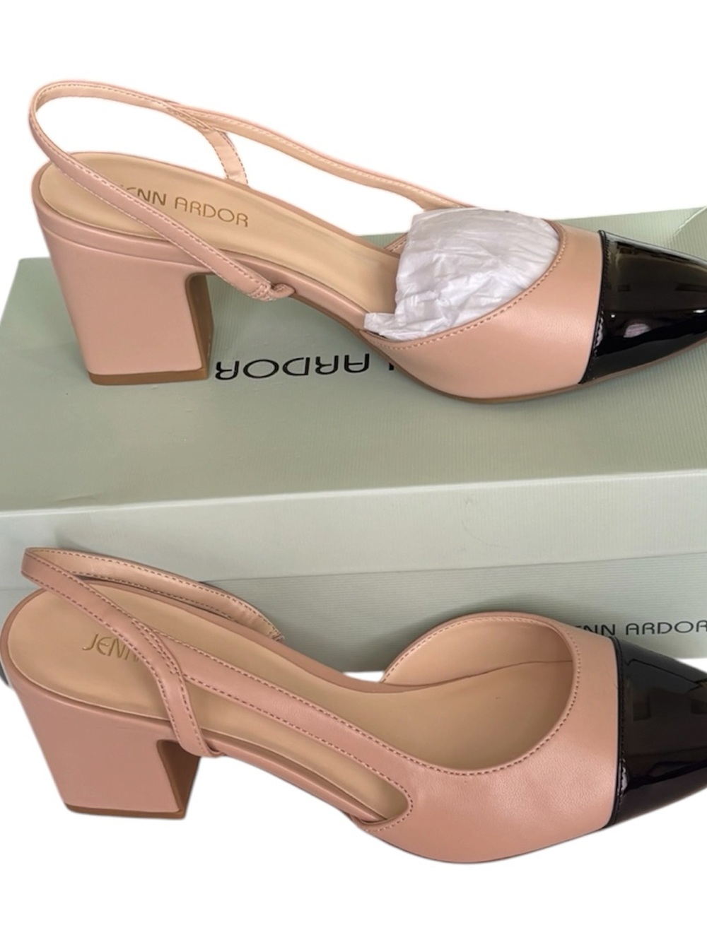 Jenn Ardor Blush beige Slingback Block Heel with Black Patent Cap Toe